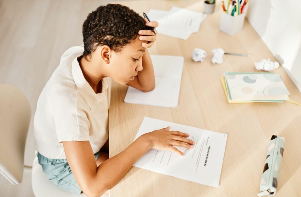 A young girl sitting at home struggles to do homework because of vision problems