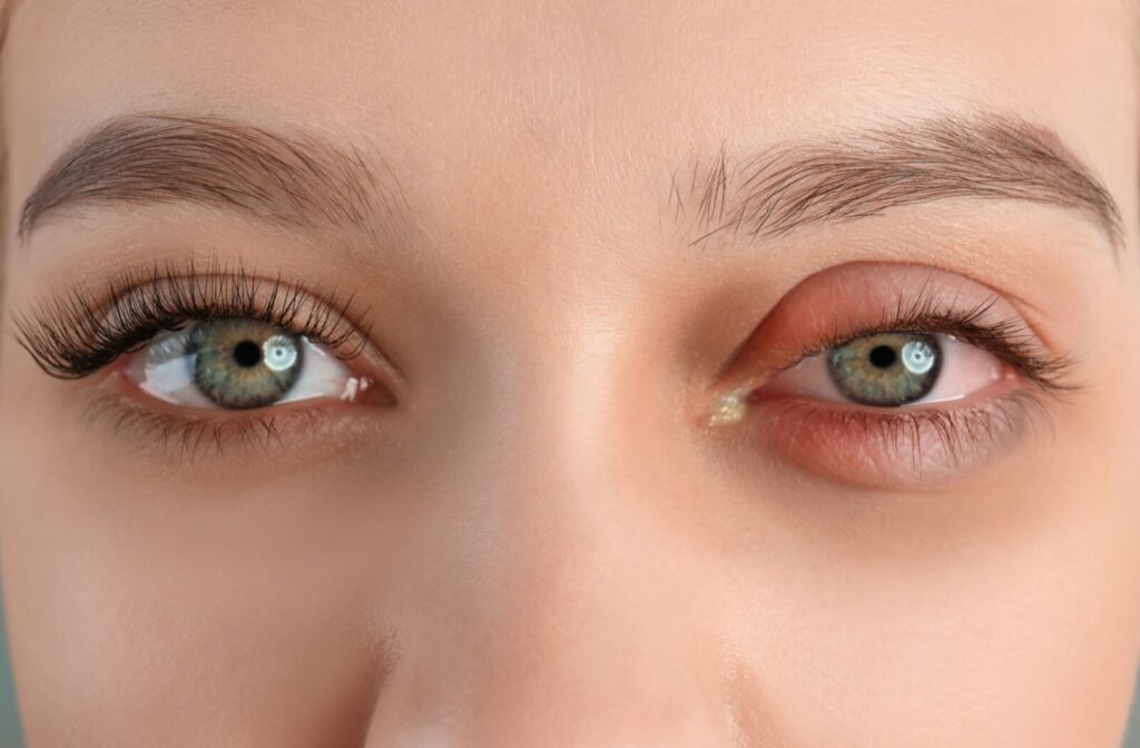 Close-up of a person's eyes with 1 eye inflamed from pink eye.