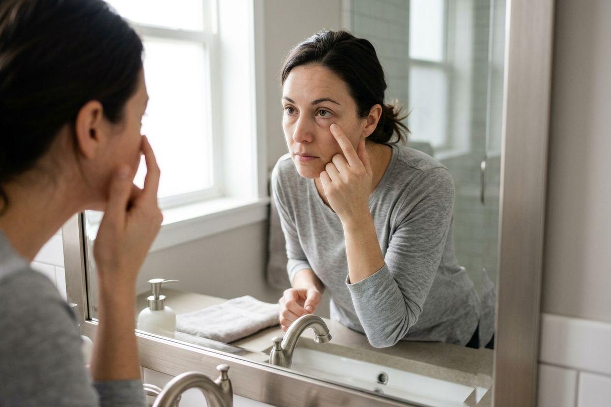 A focused adult looks into a bathroom mirror, using their index finger to pull down the skin under their left eye.