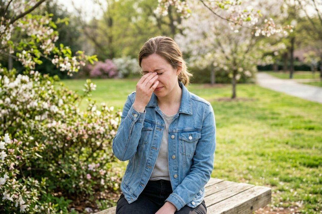 An adult sits on a wooden bench near blooming trees, pinching the bridge of their nose with closed eyes and an uncomfortable expression.