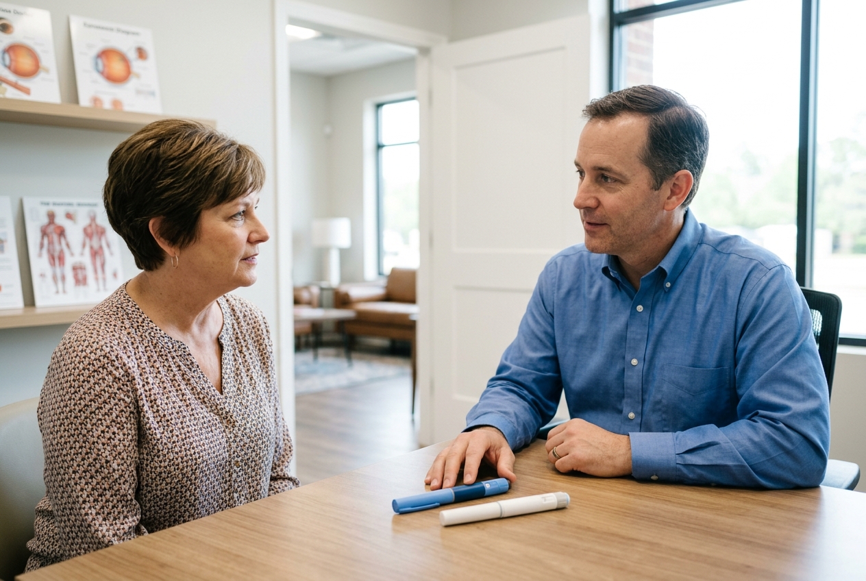 Two adults talking across a table in a clinic office, with two injection pens lying between them and anatomy charts on the wall behind.