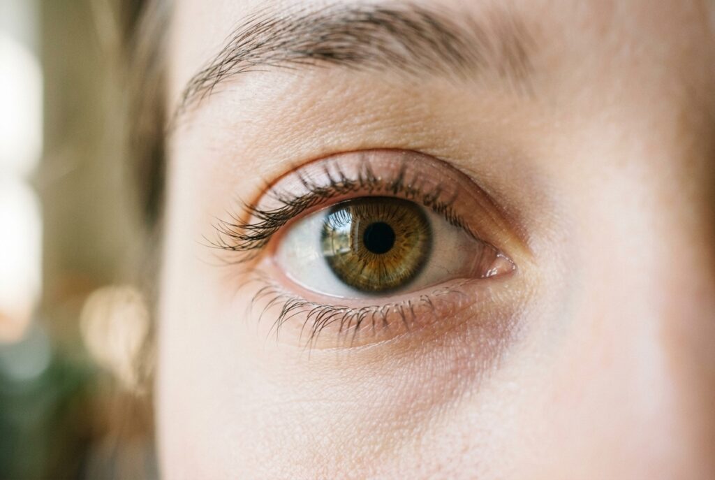 Extreme close-up of a person's open eye with a hazel iris, showing eyelashes and eyebrow against a blurred background.
