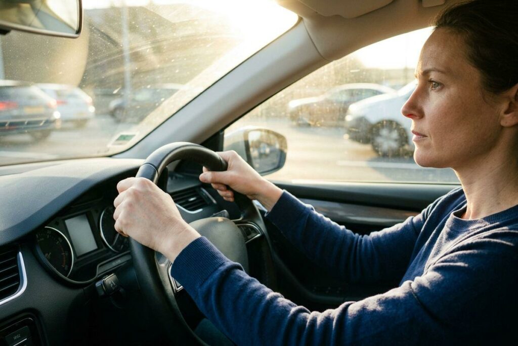 A person in a blue sweater grips the steering wheel with both hands, looking ahead with a focused expression, parked cars and bright sun outside.
