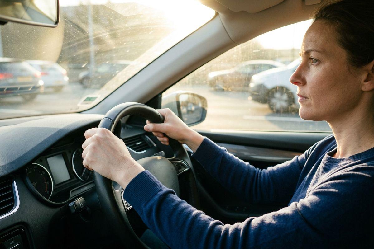 A person in a blue sweater grips the steering wheel with both hands, looking ahead with a focused expression, parked cars and bright sun outside.