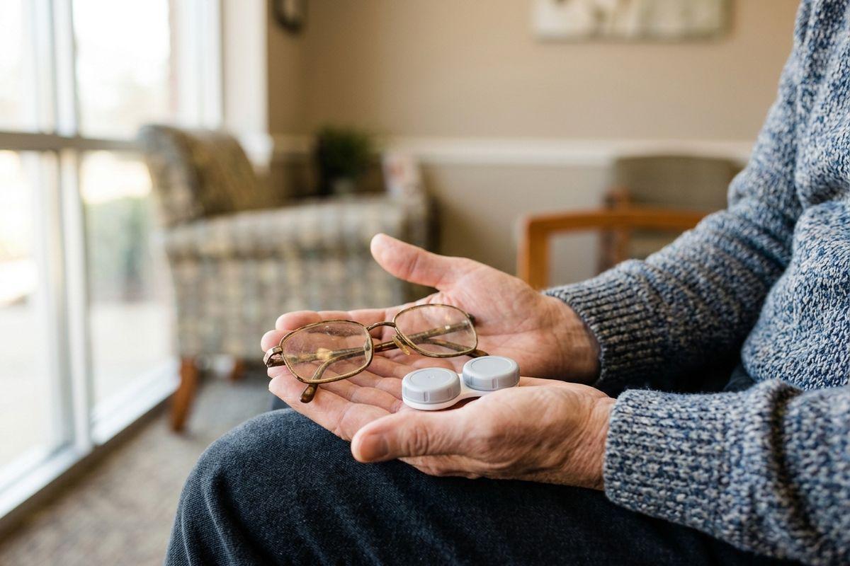 A seated person's open hands holding a pair of eyeglasses and a white contact lens case, in a room with armchairs by a window.