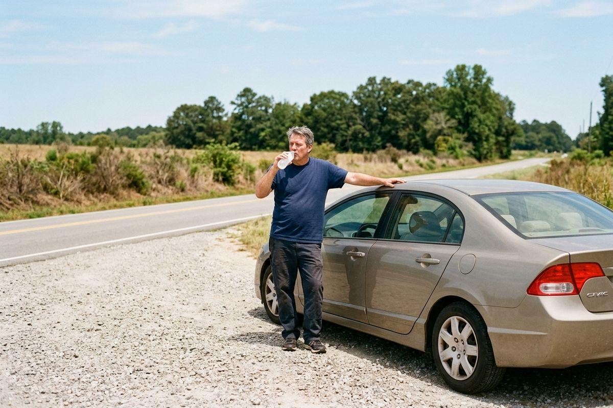An adult drinking from a cup while leaning on a car parked on a gravel shoulder beside a rural road with fields and trees.