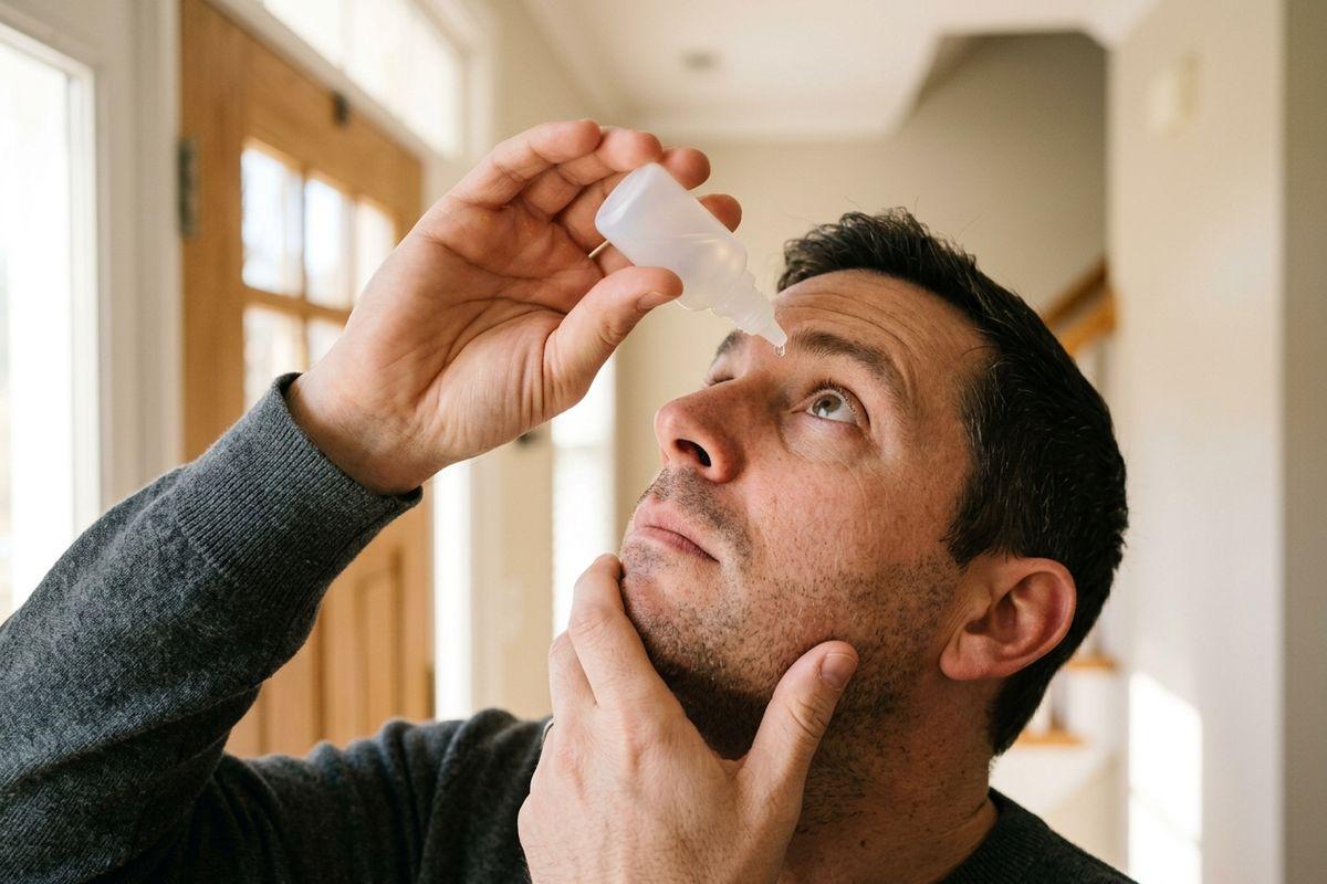 An adult in a grey sweater tilts head back and squeezes drops from a small bottle into one eye, indoors near a doorway.