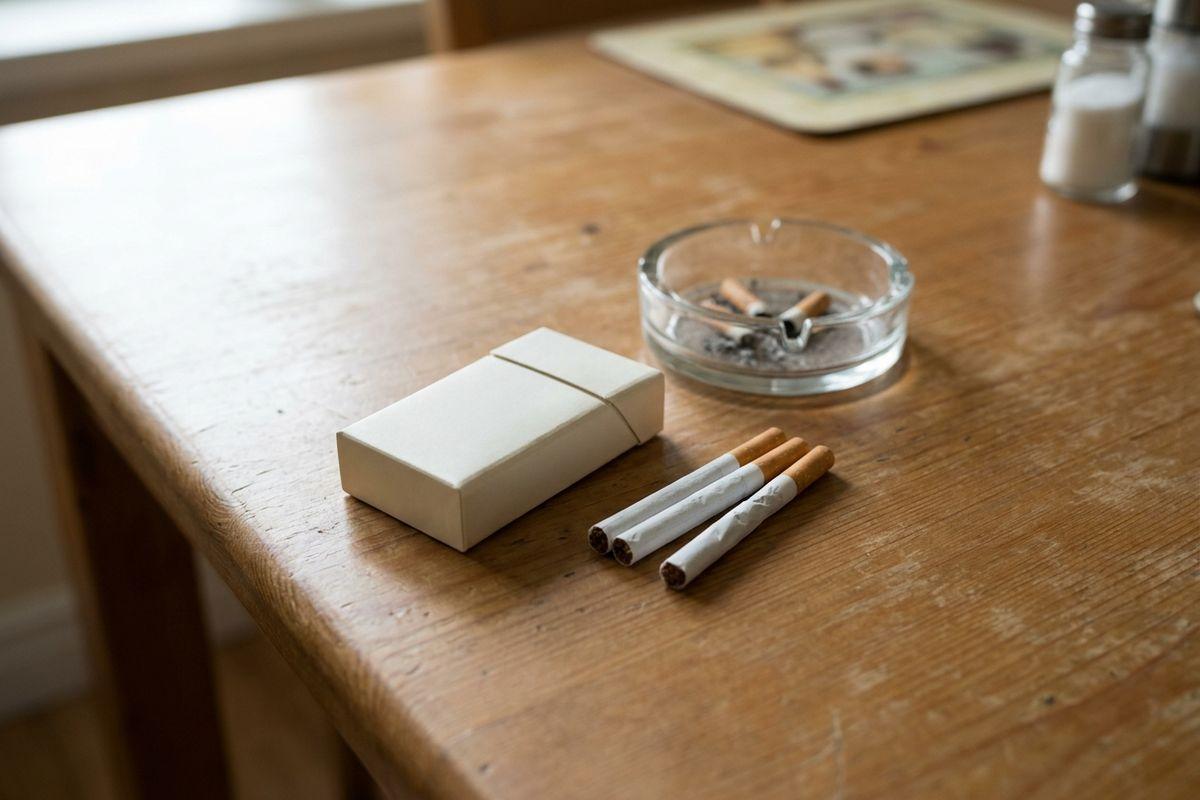 Three cigarettes and a plain white pack on a wooden table, with a glass ashtray holding butts and ash and a salt shaker behind.