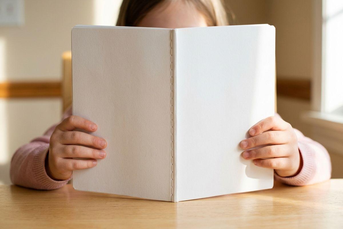 A child in a pink sweater sitting at a wooden table, holding an open blank white book upright so it hides most of their face.