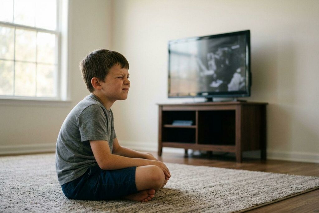 A child sits cross-legged on a rug, squinting at a television on a wooden stand in a bright living room.