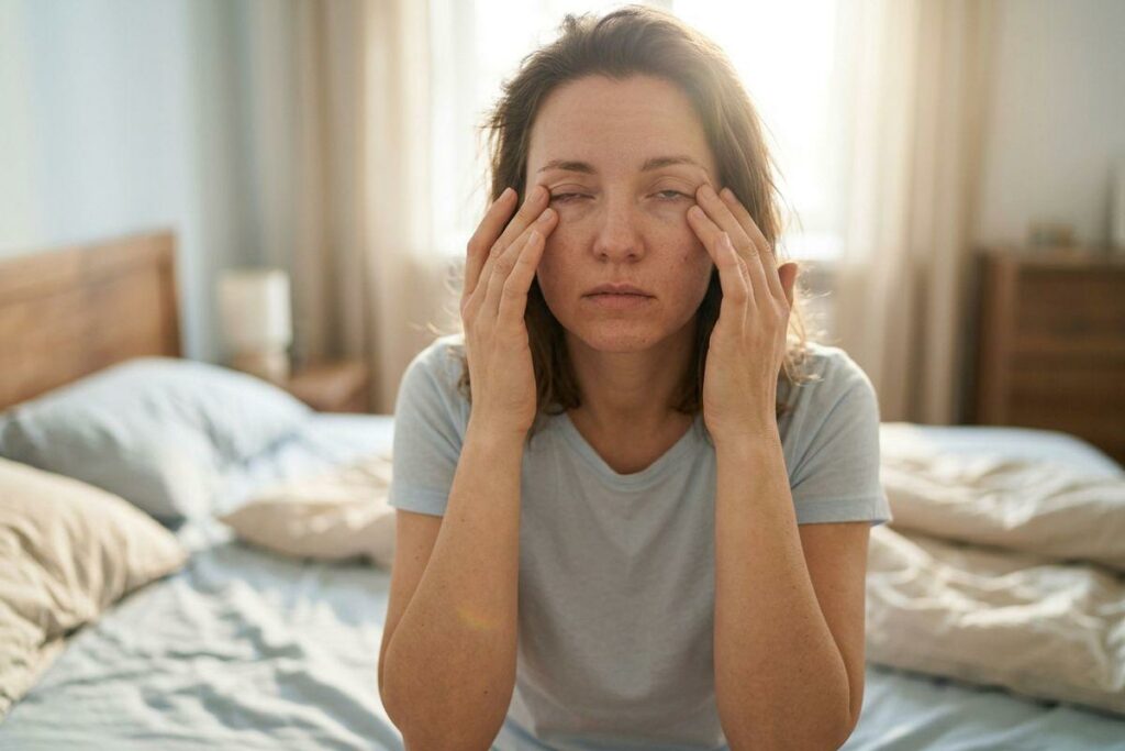 An adult sitting on a bed in a sunlit bedroom, rubbing both eyes with fingertips.