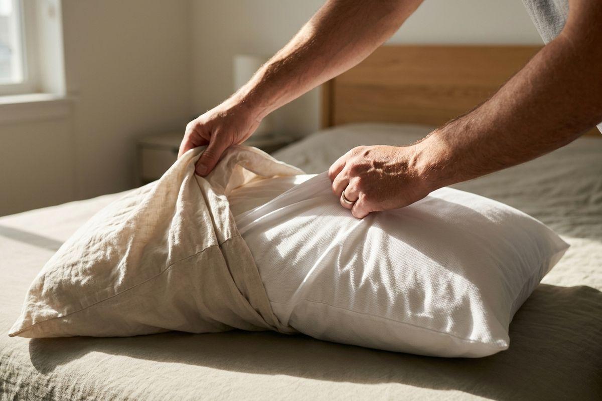Close-up of a person's hands pulling a beige pillowcase onto a white pillow on a bed in a sunlit bedroom with a wooden headboard.